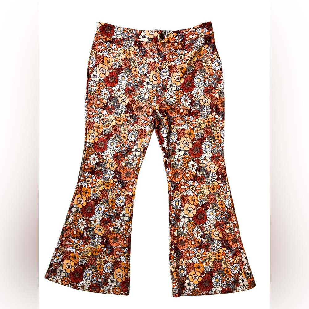 SHEIN Curve 1XL Floral Bell Bottoms - Orange, Mustard and Brown, Stretch Fit